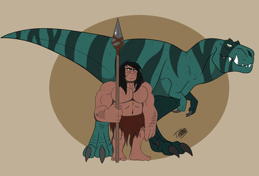 2_fingers 3_toes 4_fingers black_eyes black_hair blue_body bottomwear claws clothing duo fangs feet female feral fingers green_eyes hair holding_melee_weapon holding_object holding_polearm holding_spear holding_weapon loincloth male melee_weapon polearm simple_background spear tail teeth toe_claws toes weapon tibbs primal_(series) fang_(primal) spear_(primal) dinosaur human mammal prehistoric_species reptile saurischian scalie theropod tyrannosaurid tyrannosauroid tyrannosaurus tyrannosaurus_rex hi_res