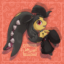 black_pasties bondage_pants bottomwear carabiner clothing collar cross_pasties devil_horns_(gesture) female gesture hair_flip hand_gesture jumping pants pasties red_eyes spiked_collar spikes sunny_(artist) nintendo pokemon generation_3_pokemon humanoid mawile pokemon_(species) 1:1 absurd_res hi_res