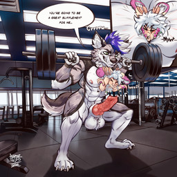 absorption_vore animal_genitalia animal_penis anthro antlers canine_genitalia canine_penis duo exercise feet_first genitals horn knot male male_pred muscular pecs pectoral_vore penis text vore workout kaspher canid canine canis jackalope lagomorph mammal wolf 1:1 absurd_res english_text hi_res