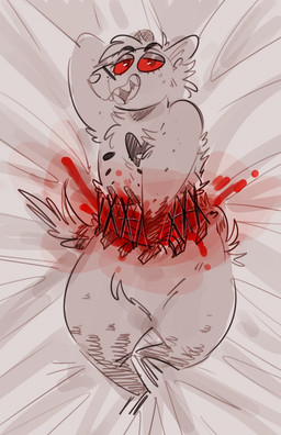 anthro bed_sheet bedding blood bodily_fluids fur gore looking_at_viewer lying male narrowed_eyes open_mouth red_eyes solo tail teeth bileshroom american_opossum mammal marsupial 2019 hi_res