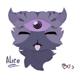 3_eyes eyes_closed female fur multi_eye purple_body purple_ears purple_fur solo spiral_pupils striped_body striped_fur stripes tongue tongue_out xfs mewgenics alice_(mewgenics) domestic_cat felid feline felis mammal
