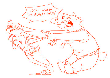 anthro barefoot blush bodily_fluids buckteeth claws clothed clothing clothing_grab collar covering covering_chest dialogue dog_tags duo ear_piercing eyewear feet female flying_sweatdrops glasses open_mouth piercing shirt simple_background speech_bubble studded_collar studs sweat sweatdrop tank_top tears teeth text toe_claws tongue topwear torn_clothing white_background fuel_(artist) disney zootopia honey_badger_(zootopia) violet_hopps badger honey_badger lagomorph leporid mammal mustelid musteline rabbit 2018 english_text monochrome red_and_white