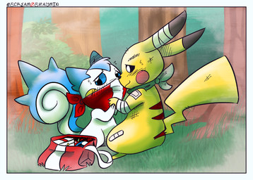 bandage blue_eyes first_aid_kit flustered foggy_background forest forest_background fur medical_instrument nature nature_background plant scarf scientific_instrument tree white_body white_fur yellow_body yellow_fur screamoshaymin nintendo pokemon pokemon_mystery_dungeon spike_chunsoft ailish_(screamoshaymin) van_(pathwarden) generation_1_pokemon generation_4_pokemon pachirisu pikachu pokemon_(species) hi_res signature