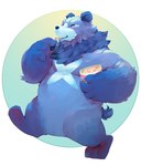 anthro belly black_nose blue_body blue_fur eating eyes_closed food fur humanoid_hands male overweight overweight_anthro overweight_male solo toomiro bear mammal 2018 absurd_res hi_res