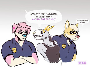 2_horns anthro arrested breasts cleavage clothed clothed_anthro clothed_female clothed_male clothing dialogue eyewear female fur grey_body grey_fur group horn looking_at_another male pink_body pink_fur police police_uniform simple_background speech_bubble sunglasses text trio uniform white_background yellow_body yellow_fur zue fech zueru_(zue) bovid canid canine canis caprine domestic_dog goat herding_dog mammal pastoral_dog welsh_corgi 2023 digital_drawing_(artwork) digital_media_(artwork) english_description english_text half-length_portrait portrait