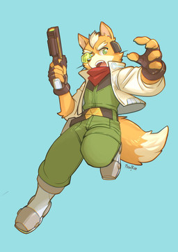 anthro belt boots clothing dipstick_tail eyebrows fingerless_gloves footwear fur gloves green_eyes gun handwear jacket kerchief male markings neckerchief neckwear open_mouth ranged_weapon shoes solo tail tail_markings tan_body tan_fur topwear visor weapon powree nintendo star_fox fox_mccloud canid canine fox mammal 2026