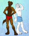 abs anthro athletic barefoot biceps black_nose black_pawpads black_seam_briefs black_seam_underwear blue_boxers blue_clothing blue_eyes blue_underwear boxers_(clothing) boxers_only briefs briefs_only brown_body brown_fur brown_hair bulge button_boxers button_underwear claws clothed clothing colored_seam_underwear duo fangs feet flexing fur grey_body grey_fur grey_hair grin hair male markings muscular orange_eyes pawpads paws pecs pose red_briefs red_clothing red_underwear seductive smile spots spotted_body spotted_fur standing tail tan_body tan_fur teeth toe_claws topless tuft underwear underwear_only white_body white_fur vallhound gear_(dhalo) rei_(jaysilverfox) arctic_wolf canid canine canis hyena mammal spotted_hyena wolf digital_media_(artwork) full-length_portrait hi_res portrait