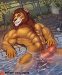 2017 abs anthro balls bath bathhouse big_balls big_penis biped black_nose blue_eyes brown_body brown_fur brown_mane building cane chest_tuft clothing conditional_dnp danza detailed_background erection fangs felid front_view fur genitals hat headgear headwear hi_res house lion male mammal mane muscular muscular_anthro muscular_male necktie orange_body orange_fur pantherine partially_submerged patreon patreon_logo pecs penile_spines penis plant presenting presenting_penis rock sharp_teeth sitting solo spread_legs spreading teeth text thick_penis top_hat tree tuft url wet willy_fog