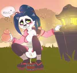 anthro anus beverage black_body black_fur black_nose blush bodily_fluids breasts butt clitoris clothed clothing drunk female flat_chested food fur genital_fluids genitals loli nipples partially_clothed peeing peeing_into_container peeing_into_cup smile solo substance_intoxication text urine urine_stream vulva white_body white_fur yellow_eyes young young_anthro cpking blizzard_entertainment warcraft li_li_stormstout bear mammal pandaren 2015 hi_res
