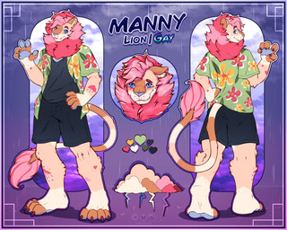 anthro blue_eyes blue_pawpads blush bottomwear claws clothed clothed_anthro clothing flower flower_shirt fur fur_markings heart_(marking) heart_symbol male mane markings multicolored_body multicolored_fur neck_tuft open_clothing open_shirt open_topwear pawpads pink_body pink_fur pink_mane plant plantigrade plantigrade_pawpads shirt shorts solo tail tail_tuft teeth tongue tongue_out topwear tuft aktiloth felid feline lion mammal pantherine 5:4 absurd_res hi_res model_sheet