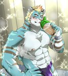 abs anthro blonde_hair blue_body blue_fur bodily_fluids bulge clothing fur hair male muscular muscular_anthro muscular_male nipples pecs solo striped_body striped_fur stripes sweat thong underwear yom_mido_plus lifewonders live_a_hero rexer felid mammal pantherine tiger hi_res