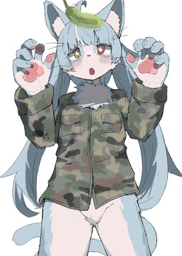 anthro blue_body blue_fur blue_hair blush bottomless bottomless_anthro bottomless_male chest_tuft clothed clothing cute_fangs fangs featureless_crotch femboy fluffy fur hair kemono long_hair male male_anthro open_mouth pawpads solo teeth tongue tuft whiskers white_body white_fur aya_tsuji japan_air_self-defense_force omaneko_(jasdf) domestic_cat felid feline felis mammal 2026 absurd_res digital_media_(artwork) hi_res