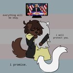 anthro brown_hair comforting comforting_another duo ear_piercing electronics eyes_closed female flag flag_background fur grey_hair hair hopeful hug hugging_another lgbt_pride long_hair long_sleeve_shirt male piercing politics pride_colors reassuring short_hair television text transgender_pride_colors ashblondekittyy real_world donald_trump rex_(ashblondekittyy) yuna_(ashblondekitty) canid canine canis domestic_cat domestic_dog felid feline felis mammal 1:1 english_text photography_(artwork) trans_(lore) trans_man_(lore) trans_woman_(lore)