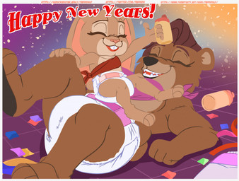 anthro bottle brown_body brown_fur clothed clothing confetti container diaper diaper_only duo eyes_closed female floor fur holidays lying on_back sash sat_on skimpy_topwear smile text tile tile_floor topless wearing_diaper paddedulf new_year elaina_frollicks_(paddedulf) bear lagomorph leporid mammal rabbit hi_res url
