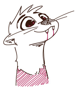 ambiguous_gender anthro blood bodily_fluids clothed clothing fangs head_tuft red_eyes simple_background solo teeth tuft whiskers white_background fuel_(artist) oliver_(fuel) mammal mustelid otter vampire 2018 bust_portrait low_res portrait