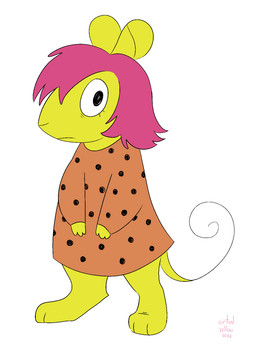 accessory alternate_species anthro bow_ribbon clothed clothed_anthro clothed_female clothing curled_tail female fully_clothed fully_clothed_anthro fully_clothed_female furrification hair hair_accessory hair_bow hair_ribbon pattern_clothing pink_hair ribbons simple_background solo spots spotted_clothing tail white_background yellow_body virtualyellow of_the_killer_(series) bb_(of_the_killer) mammal mouse murid murine rodent 2026 dated digital_drawing_(artwork) digital_media_(artwork) hi_res signature