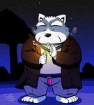 anthro bottomwear clothing humanoid_hands kemono male night outside overweight overweight_anthro overweight_male pants shirt smoking solo topwear gatoggy canid canine canis domestic_dog mammal 2020