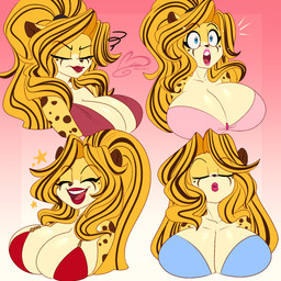 anthro big_breasts blonde_hair blue_eyes bra breasts brown_ear_tips clothing dipstick_ears dress ear_markings eyes_closed female fur grin hair highlights_(coloring) kissing multicolored_ears shocked smile solo underwear upset white_body white_fur yellow_body yellow_fur ooo-belise-ooo jennifer_parda cheetah felid feline mammal bust_portrait expression_sheet hi_res portrait watermark