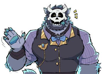 ^_^ anthro beard black_clothing black_collar black_topwear black_vest blue_bow_tie blue_neckwear blue_pawpads blue_tongue bone bone_mask bow_tie claws clothing collar eyes_closed facial_hair finger_claws fur grey_body grey_fur grey_hair hair horned_mask male mask open_mouth pawpads pinstripe_shirt pinstripe_topwear pinstripes purple_clothing purple_shirt purple_topwear rolled_up_sleeves shirt simple_background skull skull_mask smile solo tail tongue tongue_out topwear vest white_background soildweller atlas_(juggermelon) canid canine canis mammal wolf 2025