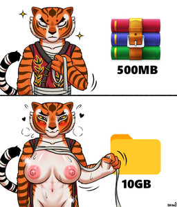 4_fingers anthro areola big_breasts black_nose blush blush_lines breasts chest_wraps clothed clothing eyebrows eyelashes eyes_closed female fingers frown fully_clothed fur heart_symbol markings multicolored_body multicolored_fur navel nipple_dip nipples orange_body orange_fur pink_areola pink_nipples simple_background solo striped_body striped_fur striped_markings striped_tail stripes tail tail_markings two_tone_body two_tone_fur white_background white_body white_fur wraps daimo decompressed_file_meme dreamworks kung_fu_panda winrar master_tigress felid mammal pantherine tiger 2026 hi_res