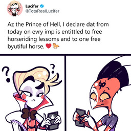 3_panel_comic blonde_hair blush blush_stickers bow_tie cellphone clothing confusion duo electronics emoji forehead_tattoo hair heart_symbol holding_cellphone holding_laugh holding_object holding_phone holding_smartphone horn impersonation male markings misspelling not_furry phone question_mark red_body red_eyes red_skin shirt smartphone smile social_media striped_horn stripes suit t-shirt text topwear verified_badge white_body white_clothing white_markings white_skin white_suit yellow_sclera butterscotch_(artist) hazbin_hotel hellaverse helluva_boss twitter blitzo_(helluva_boss) lucifer_(hazbin_hotel) angel demon demon_humanoid fallen_angel humanoid imp 1:1 2022 comic english_text