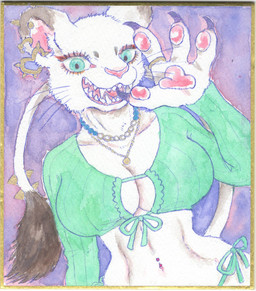 anthro barbell_piercing big_breasts blue_eyes breasts claws cleavage clothed clothing ear_piercing ear_ring female fur jewelry navel navel_piercing necklace open_mouth pawpads piercing ring ring_piercing smile solo tail teeth white_body white_fur kyokyota felid lion mammal pantherine 2022 hi_res traditional_media_(artwork)