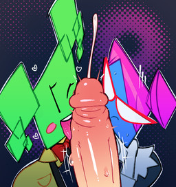 abstract_background big_penis black_arms black_eyes blue_body blue_skin blush blush_stickers bodily_fluids bottomwear bow_tie clothed clothed_female clothed_humanoid clothing collaborative cum cum_from_penis cumshot dress duo_focus ejaculation eyelashes eyewear female female_focus female_humanoid first_person_view fully_clothed fully_clothed_female fully_clothed_humanoid genital_fluids genitals glans glasses glistening glistening_genitalia glistening_glans glistening_penis glistening_tongue green_body green_hair green_skin grey_bottomwear grey_clothing grey_pants group hair heart_symbol highlights_(coloring) huge_penis humanoid_genitalia humanoid_penis licking looking_at_viewer male male/female male_pov mouth_closed not_furry one_eye_closed oral outline pants penile penis penis_lick penis_on_face pigtails pink_blush pink_glans purple_hair purple_tongue red_bow_tie red_eyewear red_glasses sex skirt square_(anatomy) square_head sweat tan_penis teeth throbbing throbbing_penis tongue tongue_out topwear trio vertical_bar_eyes white_clothing white_outline white_topwear yellow_clothing yellow_dress cragscleft mario_bros nintendo paper_mario mimi_(paper_mario) nastasia humanoid 2023 digital_media_(artwork) shaded