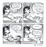 2017 4koma absurd_res american_opossum anne_barnetson base_two_layout canid canine canis comic customer_service_wolf dialogue english_text exclamation_point feral four_frame_image grid_layout group hi_res lagomorph leporid mammal marsupial mustelid otter question_mark rabbit rodent sciurid snout solo_focus speech_bubble text traditional_media_(artwork) tree_squirrel two_row_layout virginia_opossum wolf