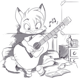acoustic_guitar action_figure anthro bed black_nose book bottomwear clothed clothing drawer dresser fluffy fluffy_tail footwear fur furniture guitar male musical_instrument musical_note musical_symbol paws pillow plucked_string_instrument poster shirt shorts sitting socks solo string_instrument symbol tail topwear nauyaco forestdale rubik's_cube kyle_kendricks_(forestdale) canid canine fox mammal monochrome