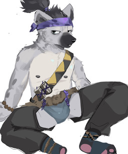 accessory anthro bulge grey_body hair male markings sash sitting solo spots spotted_body luewibiw arknights hypergryph studio_montagne spot_(arknights) hyena mammal spotted_hyena absurd_res hi_res