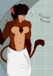 abs afro anthro biceps big_ears black_hair brown_body brown_fur bulge covered_eyes curled_hair detailed_bulge fur genital_outline hair hair_over_eye hair_over_eyes hyper male monkey_tail nipples one_eye_obstructed pecs penis_outline red_body red_fur shower_room solo towel towel_around_waist chrisbmonkey chris_(chrisbmonkey) baboon haplorhine mammal mandrill monkey old_world_monkey primate hi_res