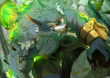 all_fours anthro belt bent_over black_hair bottomwear bulge claws clothed clothing countershade_torso countershading dominant duo faceless_character faceless_male fangs finger_claws fur glowing glowing_eyes grey_body grey_fur hair hair_over_eyes hand_on_head human_on_anthro industrial_background interspecies larger_dom larger_male leaf liquid male male/male male_anthro mechanical_arm muscular muscular_anthro muscular_male pants patreon_logo red_sclera scar sharp_teeth size_difference smaller_male teeth teeth_showing text topless topless_anthro topless_male torn_bottomwear torn_clothing torn_pants tube yellow_eyes booboo34 league_of_legends patreon riot_games tencent warwick_(lol) canid canine canis human mammal wolf artist_name digital_media_(artwork) hi_res url