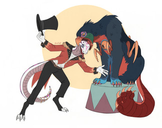anthro circus duo feral male performance tamer ekvilion avian bird chimera hybrid reptile scalie snake absurd_res full-length_portrait hi_res portrait