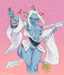 4_fingers alcohol anthro anthrofied areola asian_clothing beverage biped blue_areola blue_body blue_fur blue_nipples blue_skin blue_tail blush breasts clothing dialogue drunk ear_fins east_asian_clothing eyes_closed female fin fingers fish_tail fur genitals hair heart_symbol holding_object japanese_clothing kimono mostly_nude navel nipples non-mammal_breasts open_mouth open_smile pink_background pokemorph simple_background small_breasts smile solo substance_intoxication tail text undressing vulva white_hair crybringer nintendo pokemon blueberry_swirl aquatic eeveelution generation_1_pokemon mammal pokemon_(species) vaporeon english_text hi_res