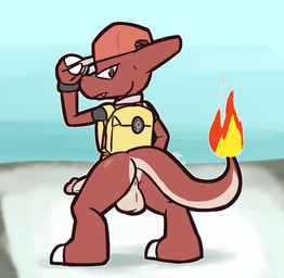 alternate_species anthro backpack backsack balls baseball_cap big_balls big_penis black_clothing black_shirt black_topwear bottomless bottomless_anthro bottomless_male brown_eyes claws clothed clothing cute_fangs erection fangs finger_claws fire flaming_tail frown furrification genitals glans grey_balls grey_clothing grey_hat grey_headwear grey_penis half-closed_eyes hat headgear headwear humanoid_genitalia humanoid_penis looking_back male narrowed_eyes penis pink_glans rear_view red_body red_clothing red_hat red_headwear red_scales red_shirt red_topwear scales shirt solo tail teeth toe_claws topwear white_claws wristband ultilix nintendo pokemon red_(pokemon) charmeleon generation_1_pokemon pokemon_(species) 2025