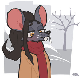 anthro biped brown_hair clothed clothed_anthro clothed_female clothing female front_view fur grey_body grey_fur hair orange_eyes outside plant solo standing tree whiskers el-k ratricia_(el-k) mammal mouse murid murine rodent 2026 digital_drawing_(artwork) digital_media_(artwork) hi_res
