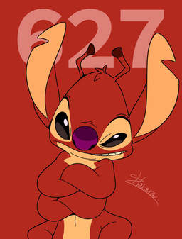 6_arms antennae_(anatomy) anthro black_eyes countershading crossed_arms dipstick_antennae front_view fur hands_on_hips head_tuft looking_at_viewer male multi_arm multi_limb multicolored_antennae notched_ear purple_nose red_background red_body red_fur simple_background smile smiling_at_viewer smirk smirking_at_viewer solo standing tan_body tan_countershading tan_fur tan_inner_ear text tuft harara disney lilo_and_stitch experiment_627 alien experiment_(lilo_and_stitch) 2026 character_name digital_drawing_(artwork) digital_media_(artwork) flat_colors hi_res signature
