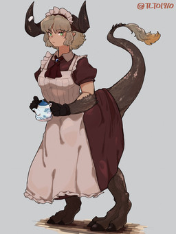 barefoot biped bipedal_taur breasts clothed clothed_female clothed_taur clothing feet female holding_object holding_teapot horn maid_headdress maid_uniform solo split_form teapot uniform tlto1910 mythology dragon dragon_taur mythological_creature mythological_scalie scalie taur absurd_res hi_res signature