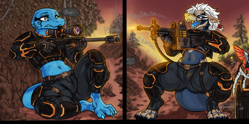 amogus anthro armguards armor automatic_rifle automatic_weapon belt belt_buckle black_armor black_claws black_gun black_makeup black_sclera blue_body blue_claws blue_mouth blue_scales blue_skin blue_tongue bolt-action_rifle bottomwear buckle claws clothed clothing dark_blue_skin detailed_background digitigrade duo eye_makeup feet feminine forest gloves gradient_background grey_eyes gun gun_smoke gynomorph hair handwear hellbomb hill intersex kneeguards landscape landscape_background machine_gun makeup male markings midriff pants plant ponytail ranged_weapon rifle rock scales shinguards shooting_gun simple_background skeleton_(marking) skeleton_bodypaint smoke sniper_rifle sound_effects stone_wall straps tail thought_bubble toe_claws tongue tree wall_(structure) weapon white_eyes white_hair white_markings white_sclera alexen_0 helldivers bell_(kgoeskommando) cleops alien amphibian aquatic arthropod barracuda fish goo_creature hybrid insect istiophoriform monster salamander terminid 2:1 absurd_res digital_drawing_(artwork) digital_media_(artwork) hi_res line_art shaded