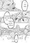 anthro black_and_white blood bodily_fluids canid canine comic dialogue english_text flower janitorcodeth lying male mammal monochrome plant sitting source_request text