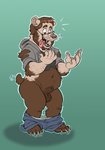 animal_genitalia anthro balls clothing fur genitals hair male mid_transformation navel open_mouth sheath simple_background slightly_chubby solo species_transformation tongue tongue_out transformation silverclaw1 bear human mammal hi_res