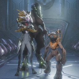 2_toes 3_fingers 3_toes 4_fingers 4_toes anthro arm_feathers arm_tuft armor avian_caruncle big_breasts bottomless breasts brown_body brown_scales clothed clothing crossed_arms digitigrade feather_hair feathered_crest feathers feet female fingers gas_mask genitals glowing glowing_eyes green_eyes grey_body grey_scales group hand_on_shoulder head_crest headgear headgear_only helmet helmet_only mask mostly_nude nipples non-mammal_breasts non-mammal_vulva pink_eyes pseudo_hair scales size_difference toes trio tuft unconvincing_armor vulva yellow_body yellow_feathers synca pickle_juice_(modeler) halo_(series) microsoft xbox_game_studios syn_cah alien avian kig-yar sangheili scalie t'vaoan unggoy 1:1 3d_(artwork) colored digital_media_(artwork) hi_res
