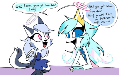 anthro blue_eyes blue_hair clothing crown dialogue disembodied_wings dress female floating_wings fur grey_body grey_fur hair halo headgear red_eyes smile speech_bubble text tiara unusual_anatomy unusual_wings white_body white_fur wings young emositecc hellaverse helluva_boss loona_(helluva_boss) octavia_(helluva_boss) angel avian bird canid canid_angel canine cherub mammal owl english_text hi_res