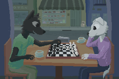 anthro blue_bottomwear blue_clothing blue_pants bottomwear chess chess_board clothing coffee_cup container cup detailed_background duo fur green_bottomwear green_clothing green_pants green_shirt green_t-shirt green_topwear grey_body grey_fur male open_mouth open_smile pants pink_clothing pink_shirt pink_topwear shirt smile t-shirt topwear white_body white_fur demensa canid canine canis domestic_dog mammal wolf 2022 3:2 digital_media_(artwork) pixel_(artwork)