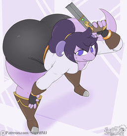 anthro bent_over big_butt boots bottomwear breasts butt cleavage clothed clothing female fingerless_gloves flintlock_pistol footwear gloves gun hair handgun handwear horn huge_butt looking_at_viewer not_furry pistol ponytail purple_background purple_body purple_eyes purple_hair purple_horn ranged_weapon shoes shorts shortstack shortstack_female simple_background small_breasts smile smiling_at_viewer solo text thick_thighs weapon masterj291 patreon serena_mauger kobold scalie 2026 digital_media_(artwork) hi_res url