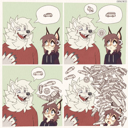 5_fingers anthro biped blue_eyes brown_body brown_fur brown_hair claws clothed clothed_anthro clothed_female clothed_male clothing duo eye_contact female finger_claws fingers front_view fur hair looking_at_another male open_mouth open_smile simple_background smile speech_bubble white_body white_fur white_hair iskra kordi canid canine felid feline lynx mammal 1:1 2025 comic digital_drawing_(artwork) digital_media_(artwork) hi_res