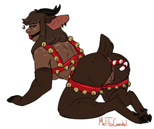 all_fours anal anal_penetration anus armwear ball_gag bdsm breasts brown_body brown_fur brown_hair candy candy_cane candy_cane_in_ass clothing dark_body dark_skin dessert ear_piercing elbow_gloves female female_humanoid food fur gag gagged genitals gloves hair handwear heart_symbol holidays hooves horn improvised_sex_toy looking_at_viewer penetration petplay piercing ponyplay purple_eyes roleplay simple_background solo split_form submissive submissive_female tail tail_anus vulva white_background meldritchhorror christmas humanoid mammal satyr signature