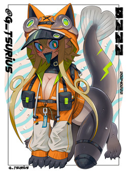 all_fours big_breasts blue_tongue bottomless breasts claws clothed clothing female fin green_hair hair hood jacket open_mouth orange_clothing orange_jacket orange_topwear smile solo tail tongue tongue_out topwear g_tsurimasu animal_humanoid aquatic aquatic_humanoid felid felid_humanoid fish fish_humanoid humanoid hybrid mammal mammal_humanoid 2024 digital_media_(artwork) hi_res