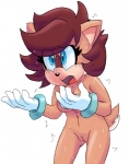 anthro blue_eyes blush bodily_fluids breasts brown_hair clothing eyelashes female fur genitals gloves hair handwear mostly_nude navel open_mouth pussy simple_background solo sweat tan_body tan_fur white_background extraspecialzone sega sonic_the_hedgehog_(series) bump_the_deer fan_character deer mammal