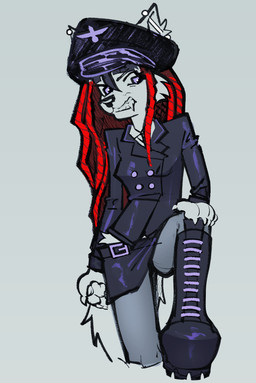 alternative_fashion angry anthro bangs boots bottomwear clothing dreadlocks ear_piercing footwear goth gynomorph hair hand_on_leg hat headgear headwear industrial_piercing intersex leather legwear looking_at_viewer looking_down looking_down_at_viewer military military_cap miniskirt nazi peaked_cap piercing red_hair shoes skirt snaggle_tooth solo ss_insignia tights werehouse wolfgang_(werehouse) canid canine canis mammal wolf absurd_res hi_res sketch